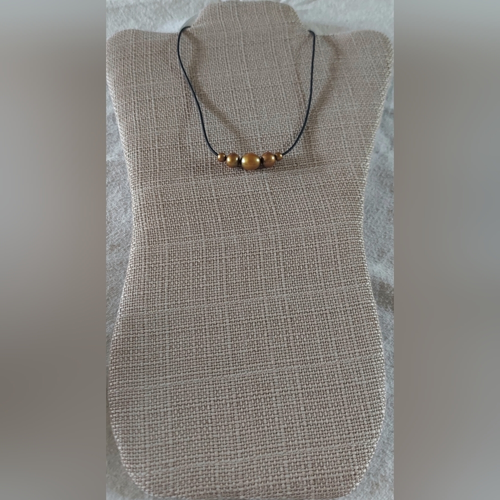 Handmade Gold Pearl & Black Leather Necklace